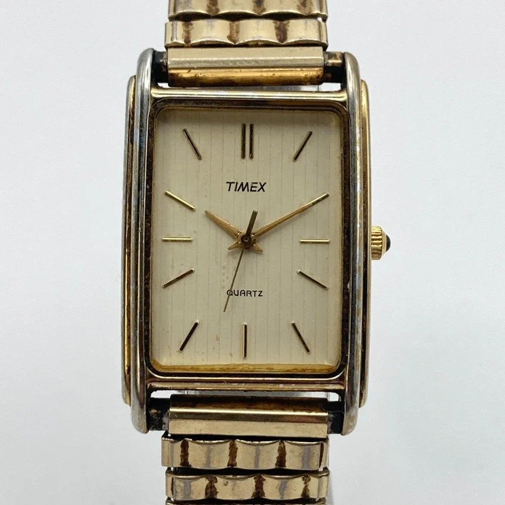 Vintage Timex Men's Tank Watch 25mm Gold Tone Striped Dial New Battery 7